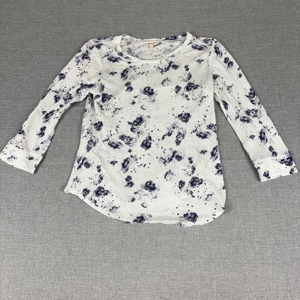 Rebecca Taylor Shirt Womens S White Scoop Neck 3/4 Sleeve Linen Floral Jersey